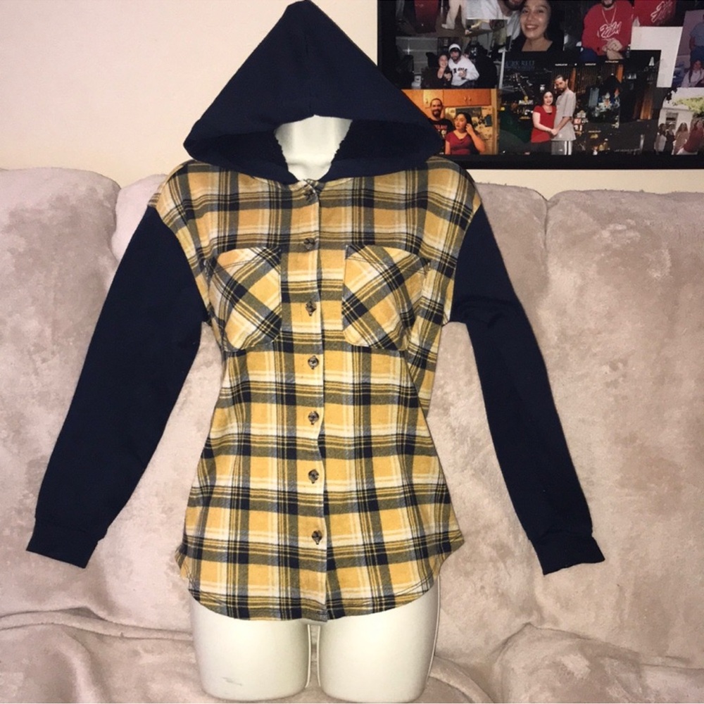 Mik mesh Yellow blue and white long sleeved button front Plaid Hoodie Shirt